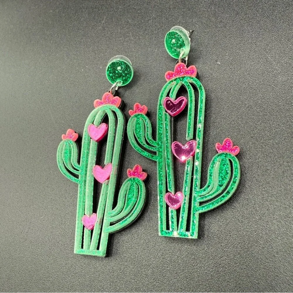 Green and Pink Cactus Earrings - Pierced - Picture 2 of 6